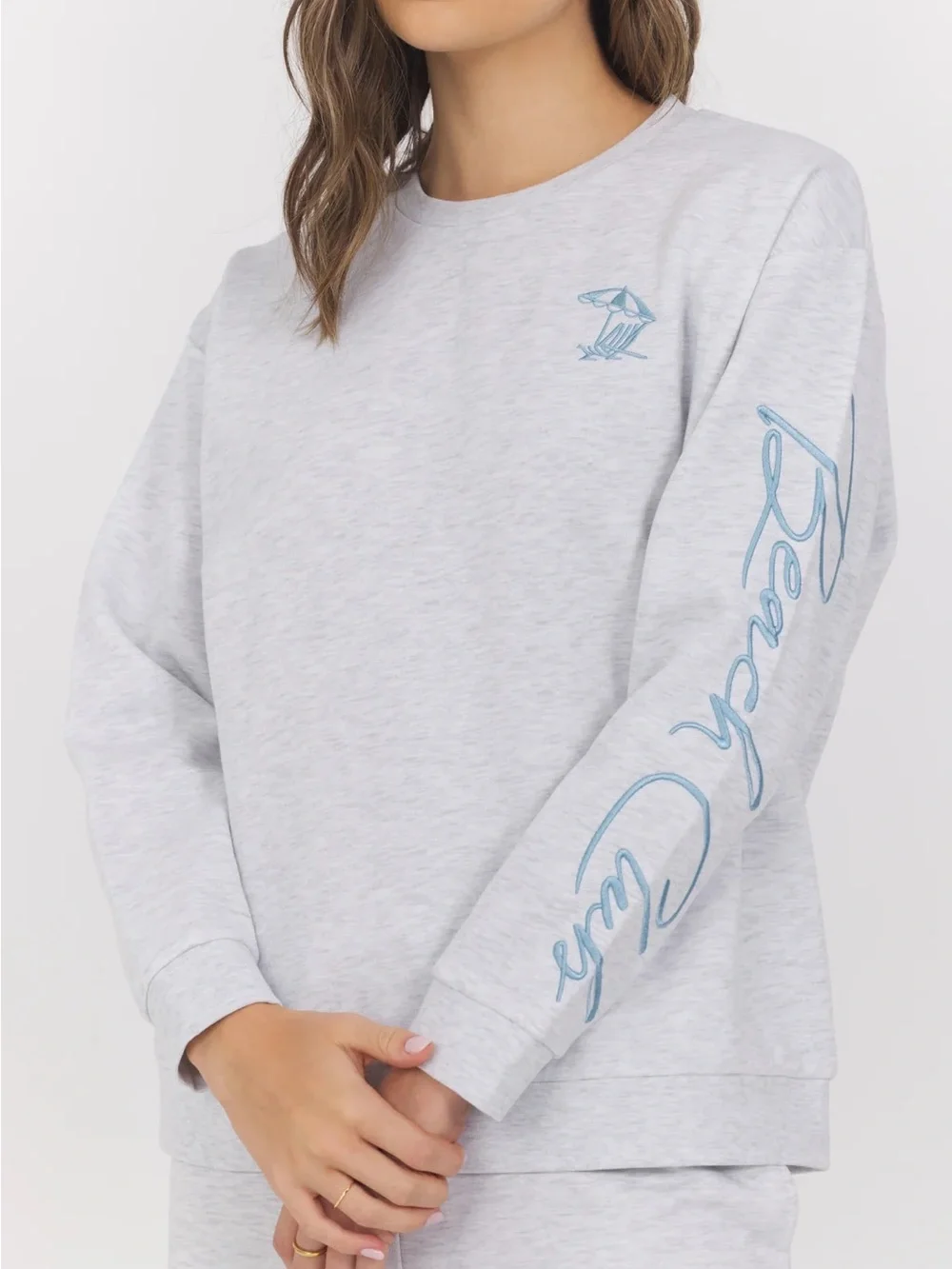 Beach clubLight Gray Sweatshirt & Wide-Leg Sweatpants Set with Light Blue Script